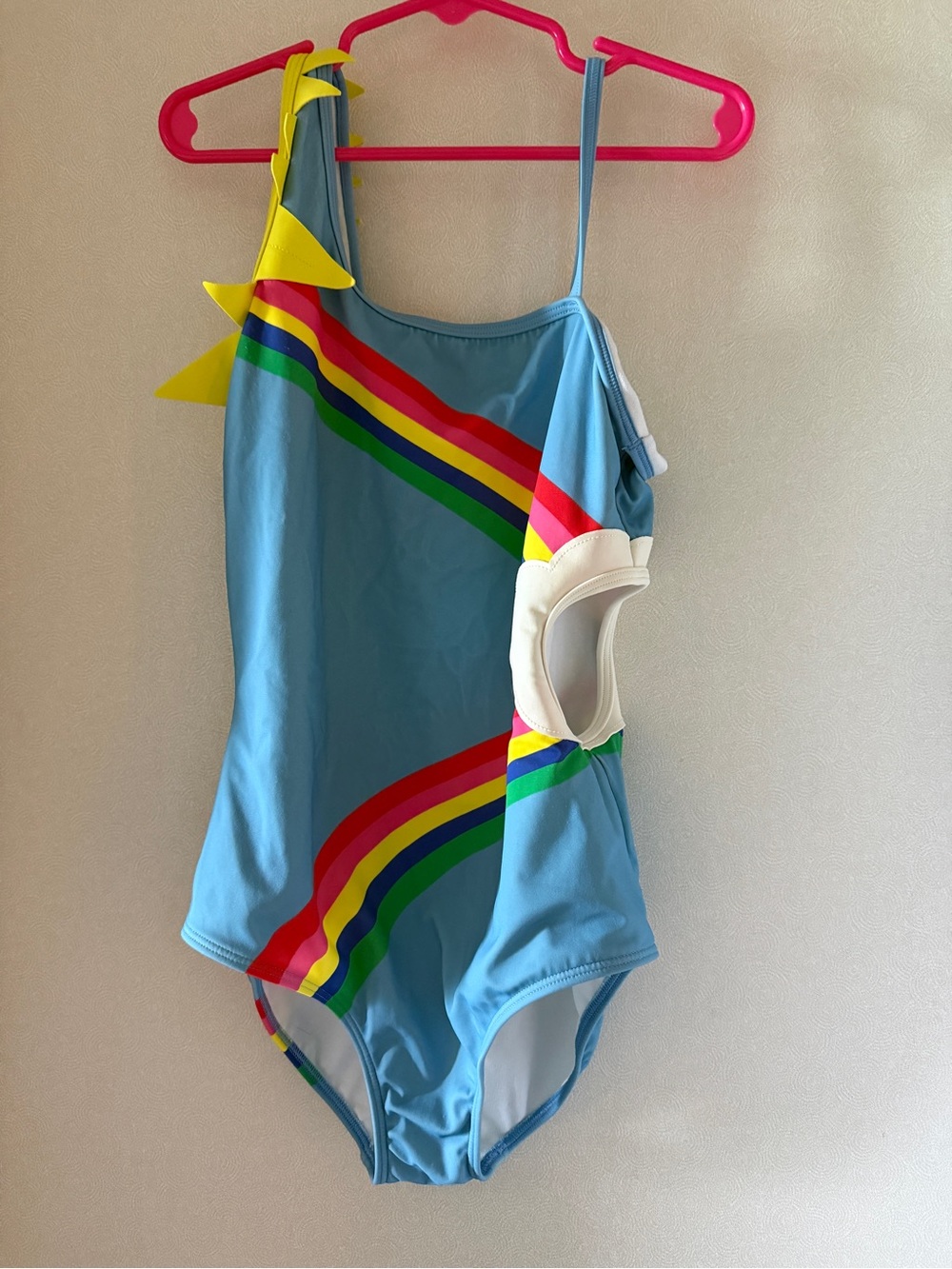 Mini Boden Blue One-Piece Swimsuit with Rainbow Stripes and Yellow Ruffle